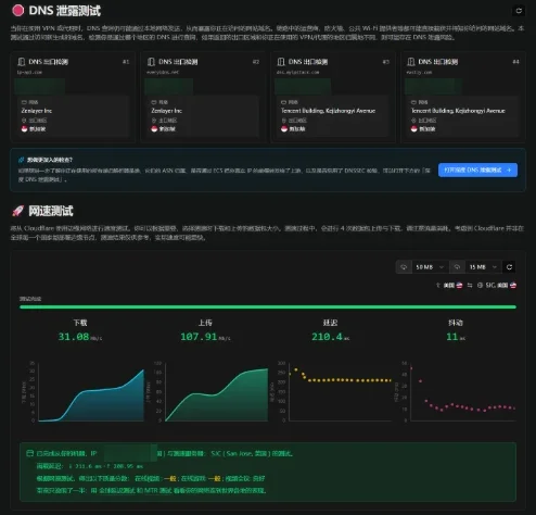IPCheck.ing DNS 泄露检测与 Cloudflare 网速测试结果