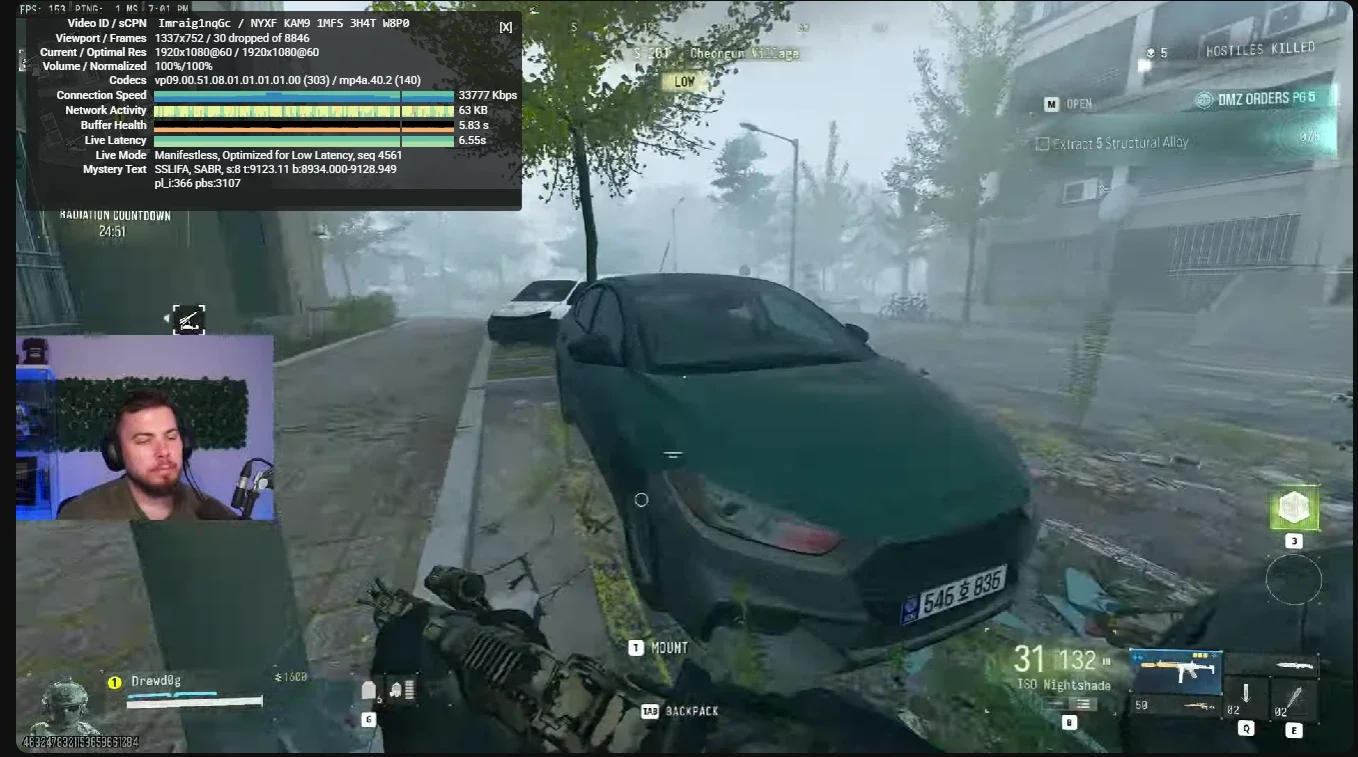 YouTube 详细统计信息:1080p60 播放,连接速度 33777 Kbps
