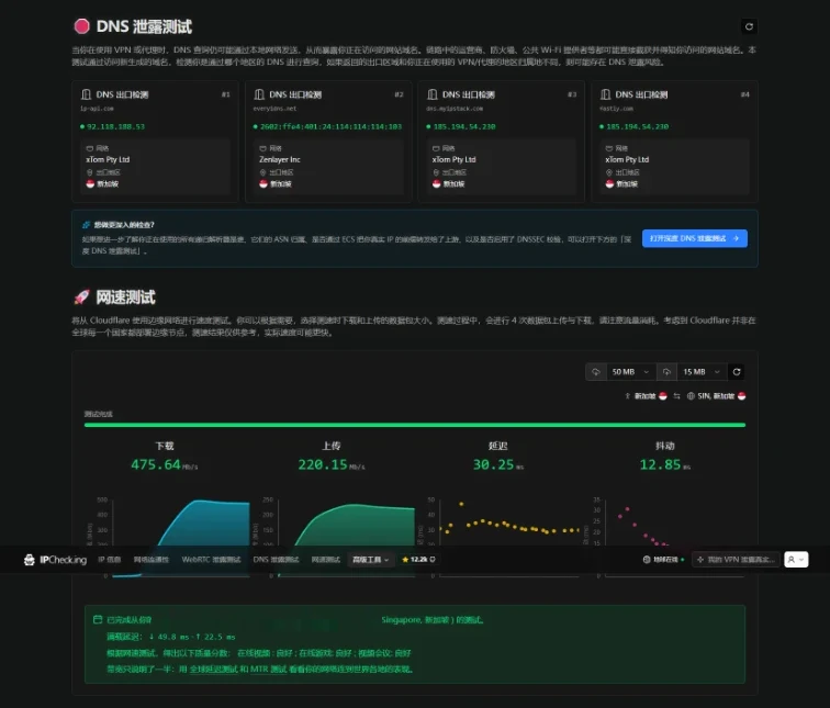 IPCheck.ing DNS 泄露检测与 Cloudflare 网速测试结果