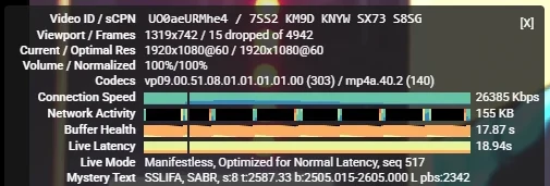 YouTube 详细统计信息:1080p60 播放,连接速度 26385 Kbps
